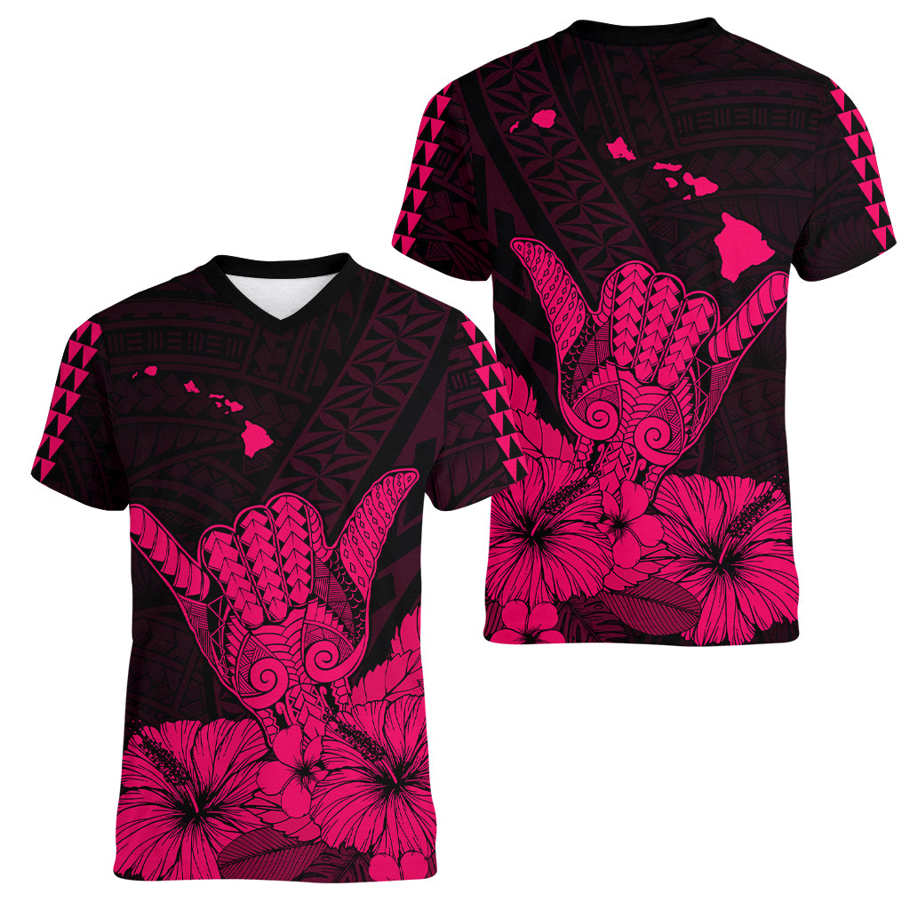 Hawaii Shaka Sign Women V Neck T Shirt Pink Version LT9 Female Pink - Polynesian Pride