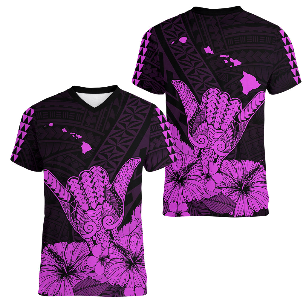 Hawaii Shaka Sign Women V Neck T Shirt Purple Version LT9 Female Purple - Polynesian Pride