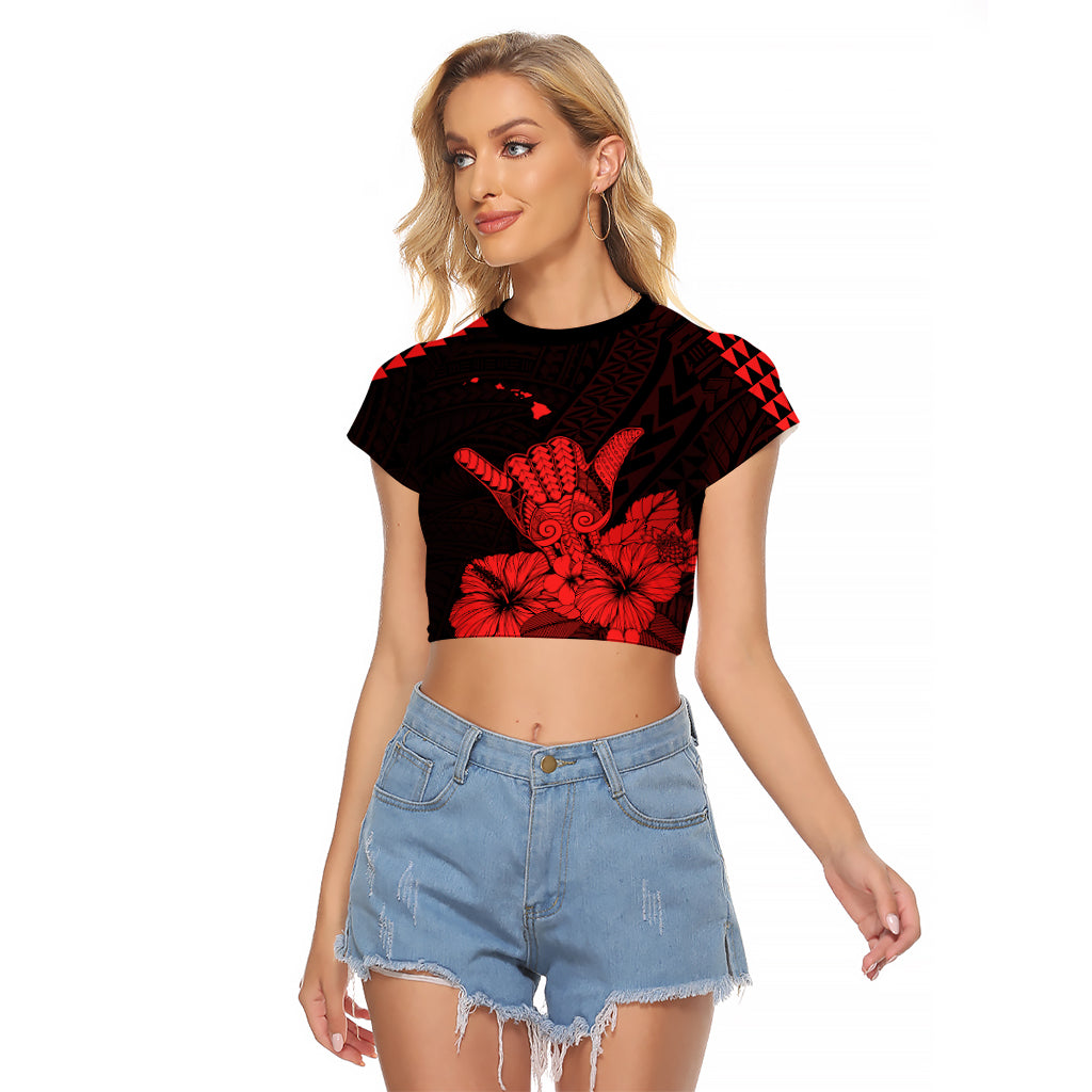 Hawaii Shaka Sign Raglan Cropped T Shirt Red Version LT9 Female Red - Polynesian Pride