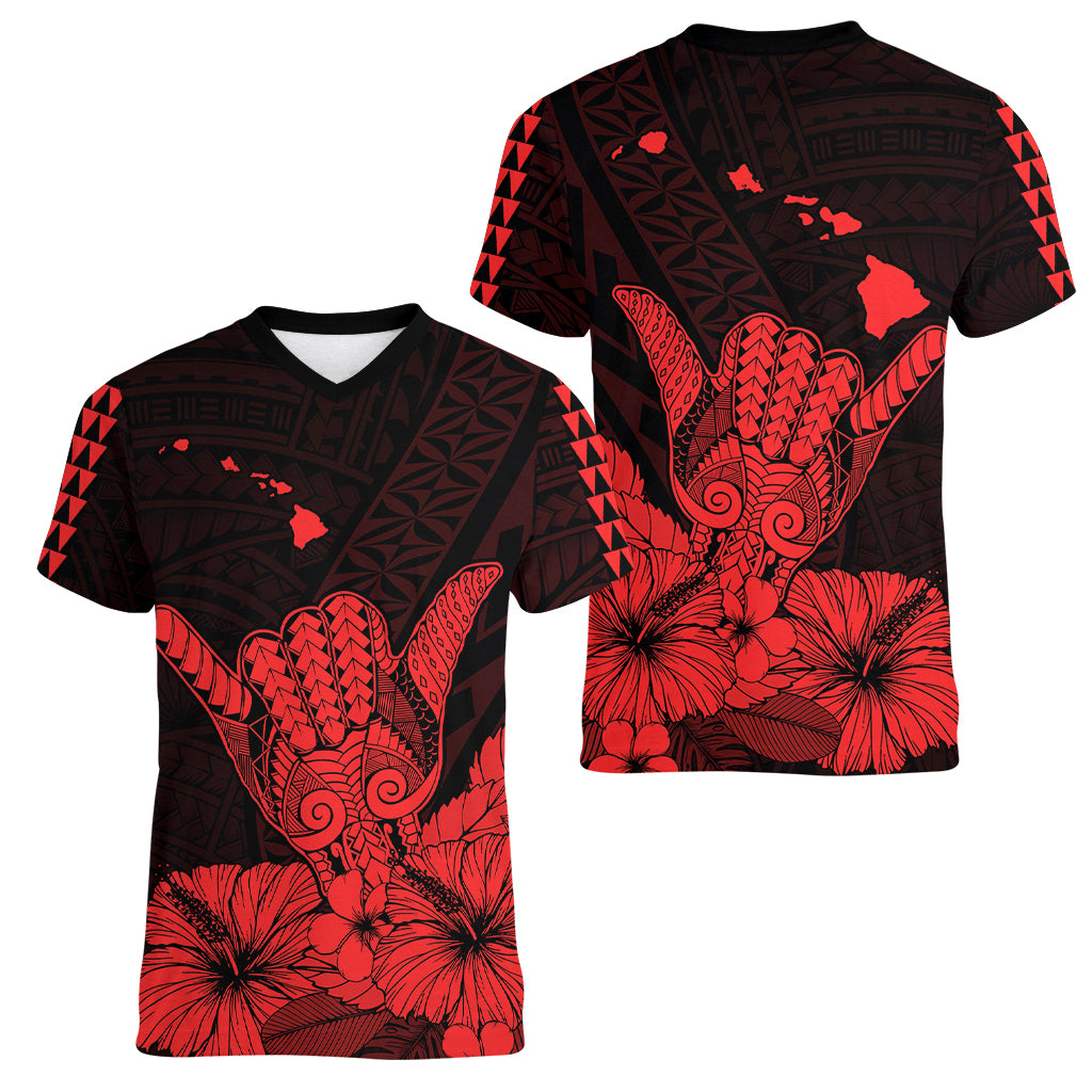 Hawaii Shaka Sign Women V Neck T Shirt Red Version LT9 Female Red - Polynesian Pride