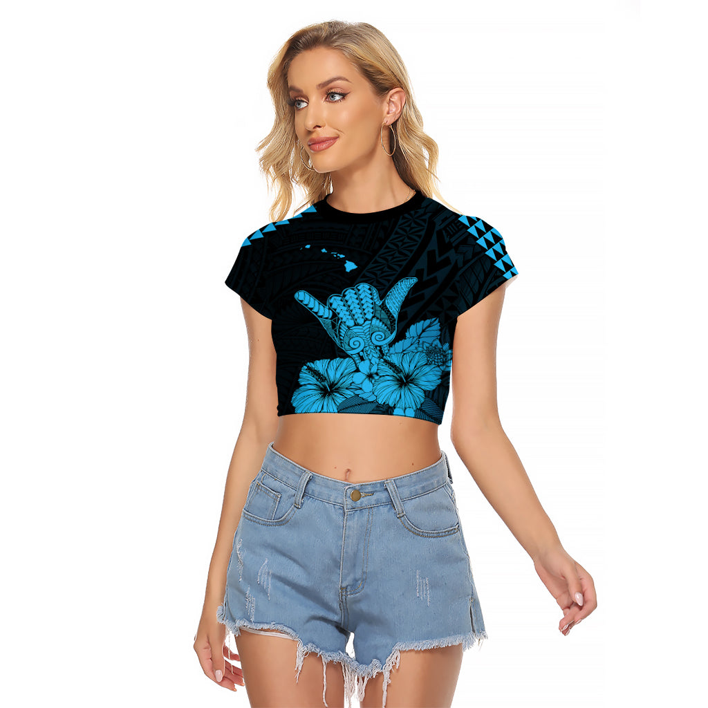Hawaii Shaka Sign Raglan Cropped T Shirt Blue Version LT9 Female Blue - Polynesian Pride