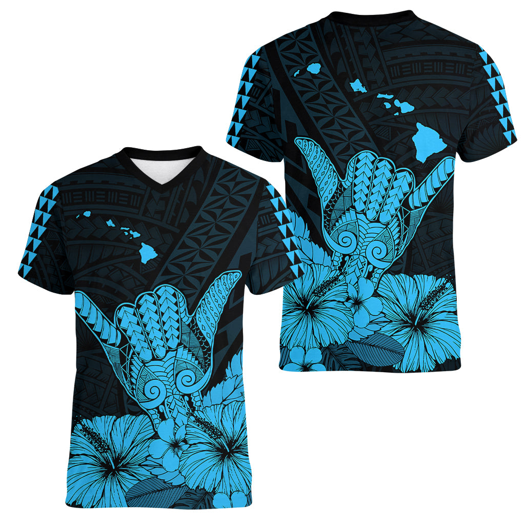 Hawaii Shaka Sign Women V Neck T Shirt Blue Version LT9 Female Blue - Polynesian Pride