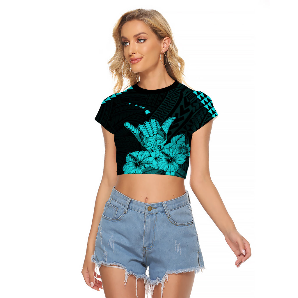 Hawaii Shaka Sign Raglan Cropped T Shirt Turquoise Version LT9 Female Turquoise - Polynesian Pride