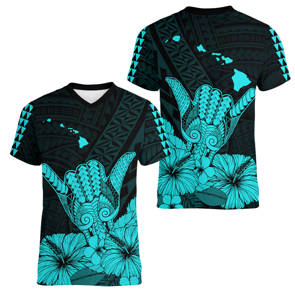 Hawaii Shaka Sign Women V Neck T Shirt Turquoise Version LT9 Female Turquoise - Polynesian Pride