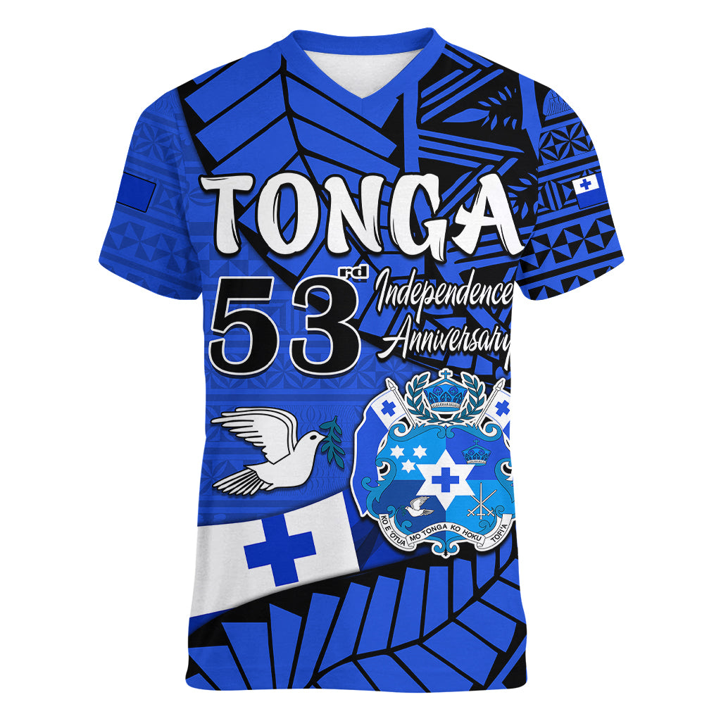 Tonga Emancipation Day Women V Neck T Shirt Happy 53rd Independence Anniversary Blue Version LT9 - Polynesian Pride