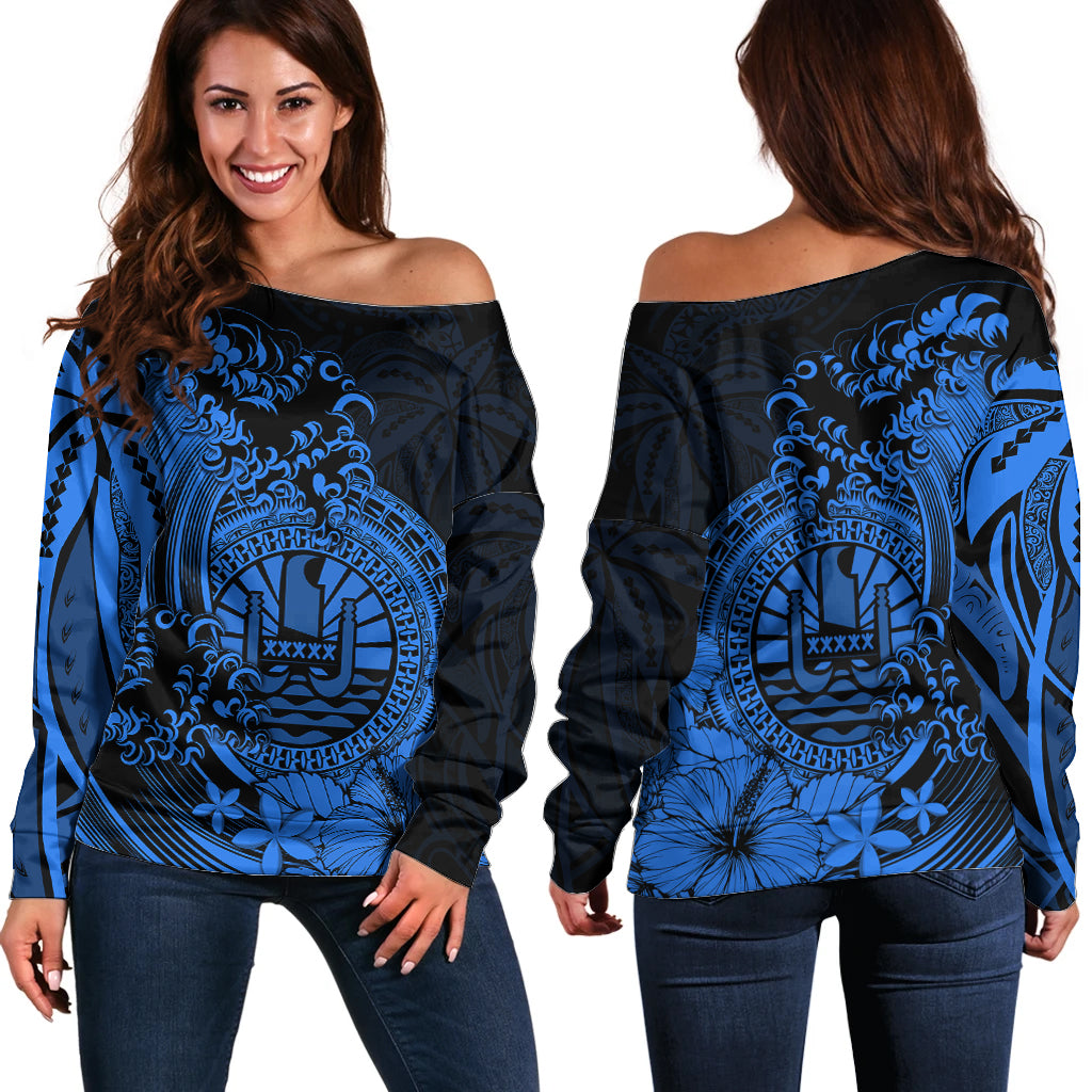 Polynesian Tahiti Island Off Shoulder Sweater The Wave of Water - Blue LT9 Women Blue - Polynesian Pride