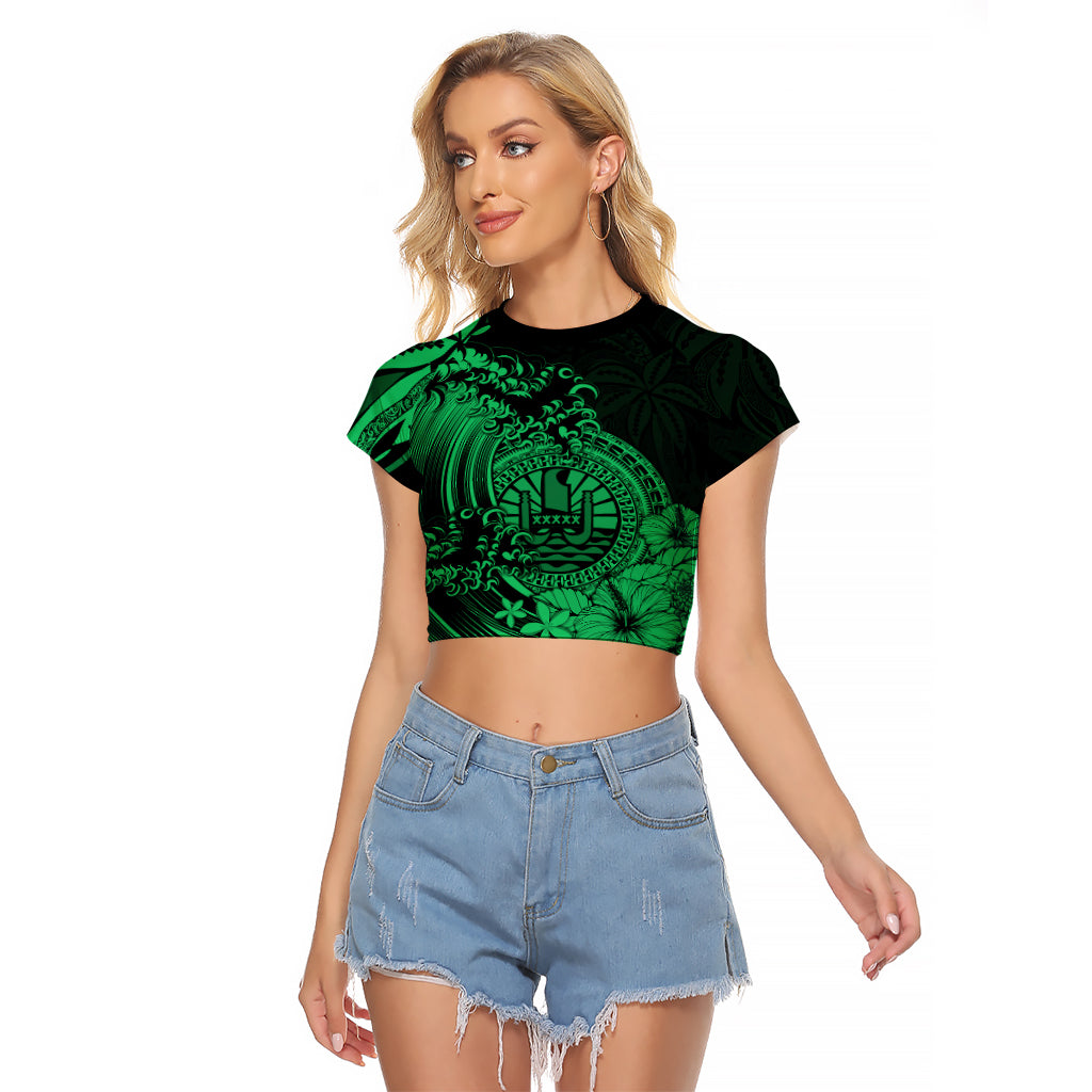 Polynesian Tahiti Island Raglan Cropped T Shirt The Wave of Water - Green LT9 Female Green - Polynesian Pride