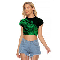 Polynesian Tahiti Island Raglan Cropped T Shirt The Wave of Water - Green LT9 Female Green - Polynesian Pride