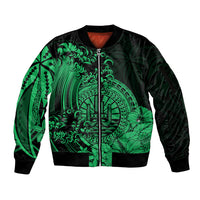 Polynesian Tahiti Island Sleeve Zip Bomber Jacket The Wave of Water - Green LT9 Unisex Green - Polynesian Pride