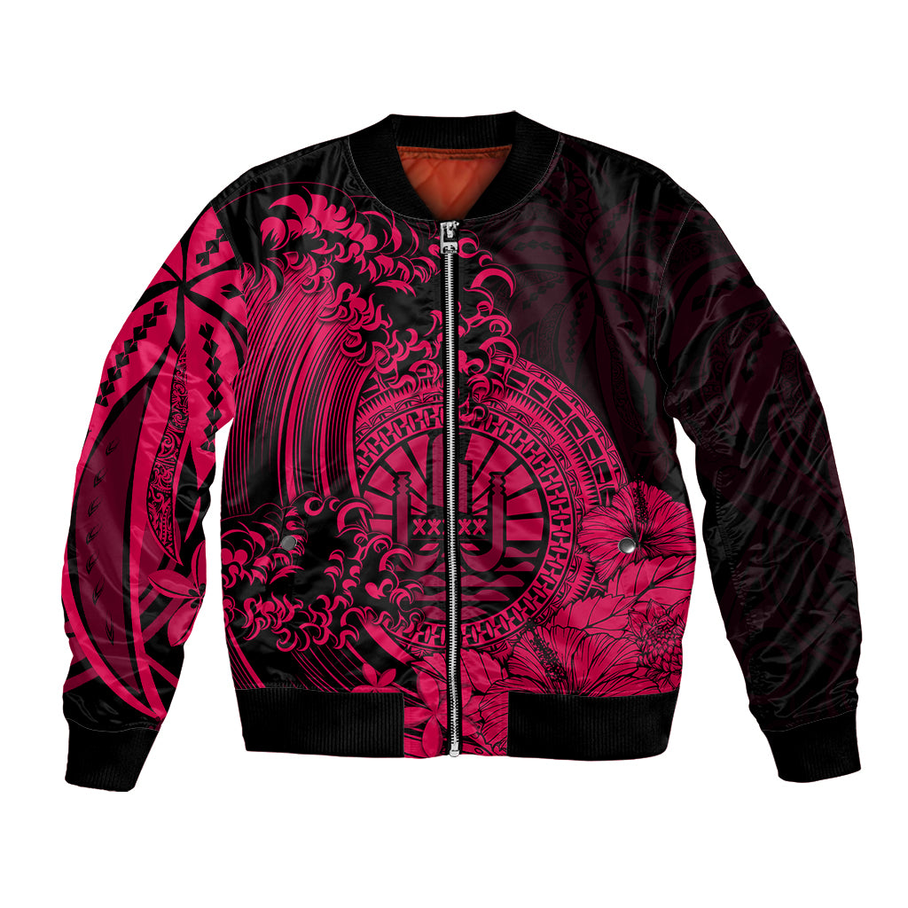 Polynesian Tahiti Island Bomber Jacket The Wave of Water - Pink LT9 Unisex Pink - Polynesian Pride