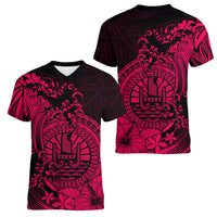 Polynesian Tahiti Island Women V Neck T Shirt The Wave of Water - Pink LT9 Female Pink - Polynesian Pride