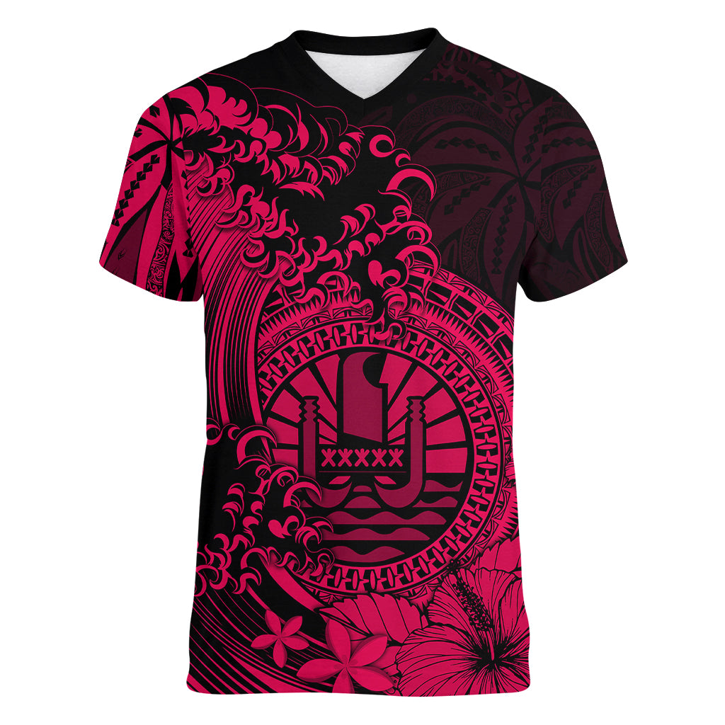 Polynesian Tahiti Island Women V Neck T Shirt The Wave of Water - Pink LT9 - Polynesian Pride