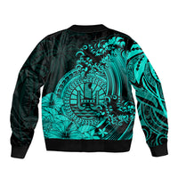 Polynesian Tahiti Island Sleeve Zip Bomber Jacket The Wave of Water - Turquoise LT9 - Polynesian Pride