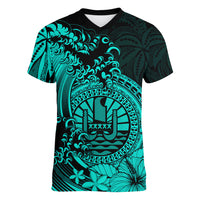 Polynesian Tahiti Island Women V Neck T Shirt The Wave of Water - Turquoise LT9 - Polynesian Pride
