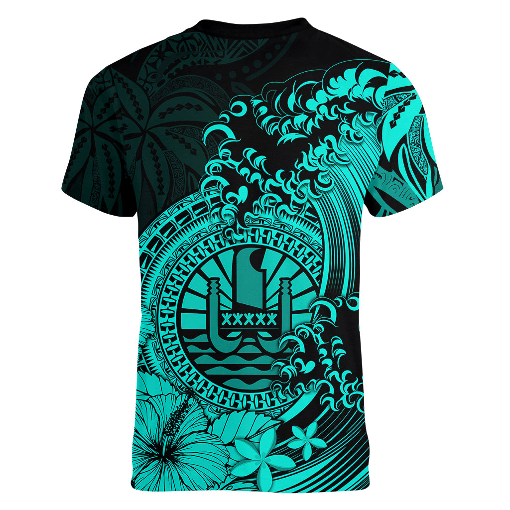 Polynesian Tahiti Island Women V Neck T Shirt The Wave of Water - Turquoise LT9 - Polynesian Pride