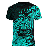 Polynesian Tahiti Island Women V Neck T Shirt The Wave of Water - Turquoise LT9 - Polynesian Pride