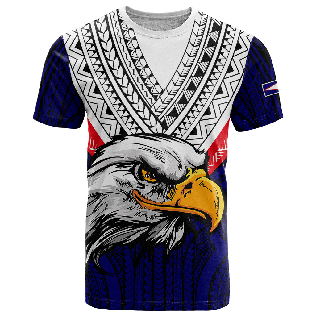 Custom American Samoa T Shirt Bald Eagle with Polynesian Pattern LT9 Blue - Polynesian Pride