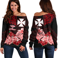 Wallis et Futuna Off Shoulder Sweater Polynesian Floral Tribal LT9 Women Black - Polynesian Pride