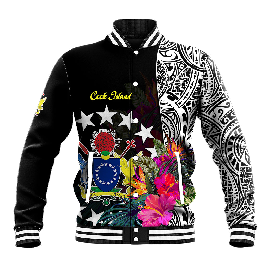 Cook Island Baseball Jacket Tribal Polynesian and Tropical Flowers LT9 Unisex Black - Polynesian Pride