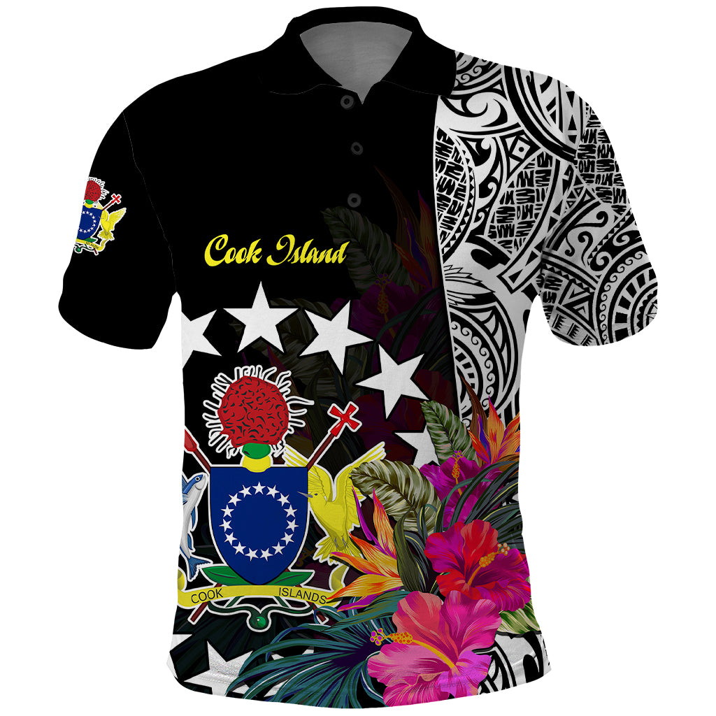 Cook Island Polo Shirt Tribal Polynesian and Tropical Flowers LT9 Black - Polynesian Pride