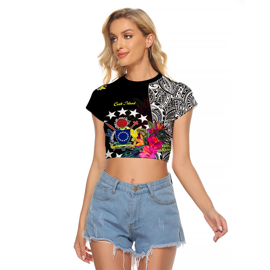 Cook Island Raglan Cropped T Shirt Tribal Polynesian and Tropical Flowers LT9 Female Black - Polynesian Pride