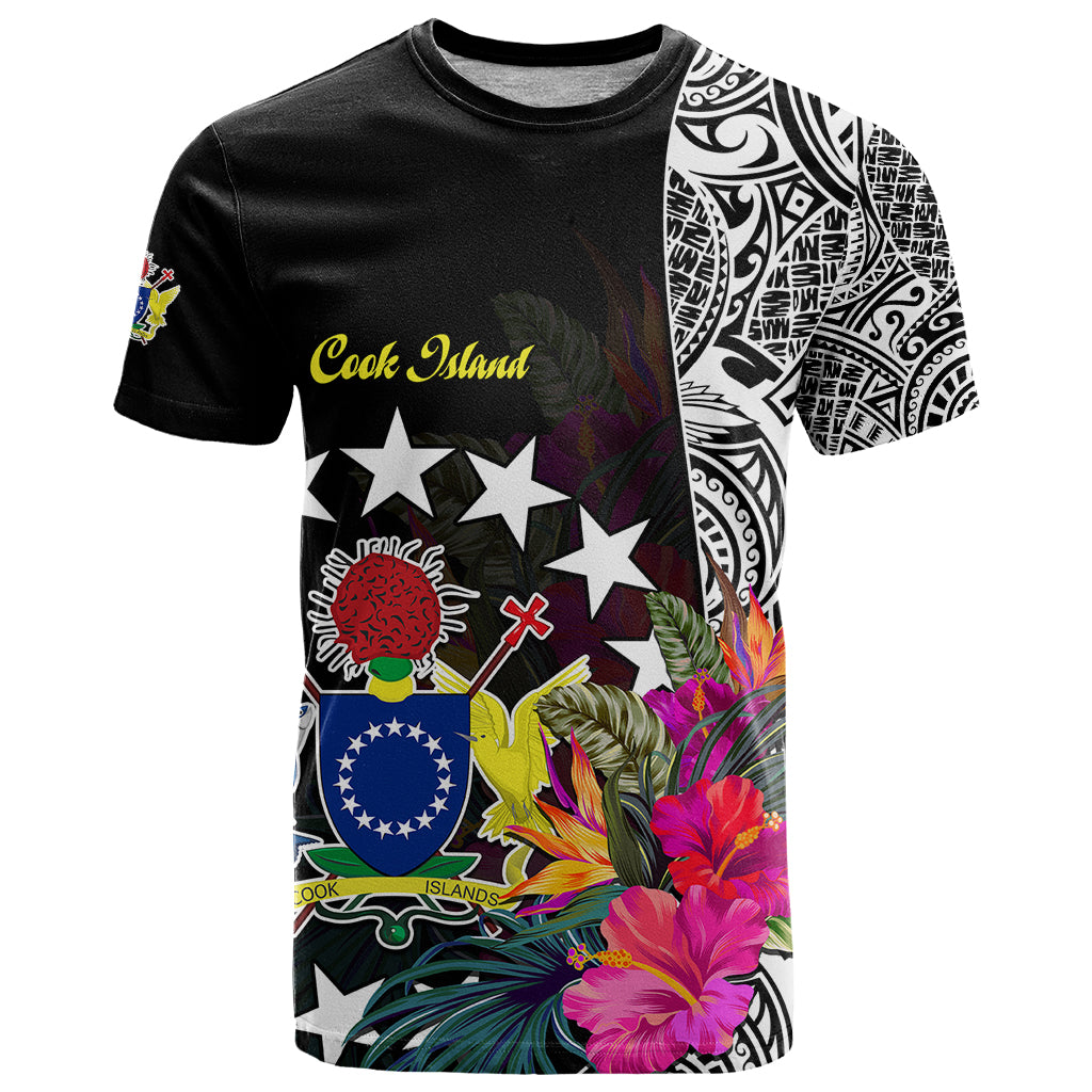 Cook Island T Shirt Tribal Polynesian and Tropical Flowers LT9 Black - Polynesian Pride