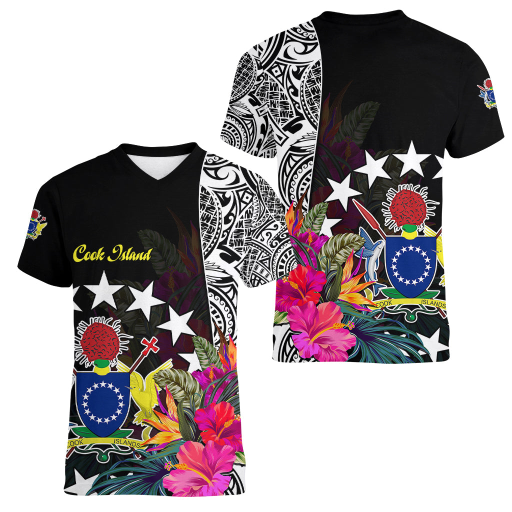 Cook Island Women V Neck T Shirt Tribal Polynesian and Tropical Flowers LT9 Female Black - Polynesian Pride