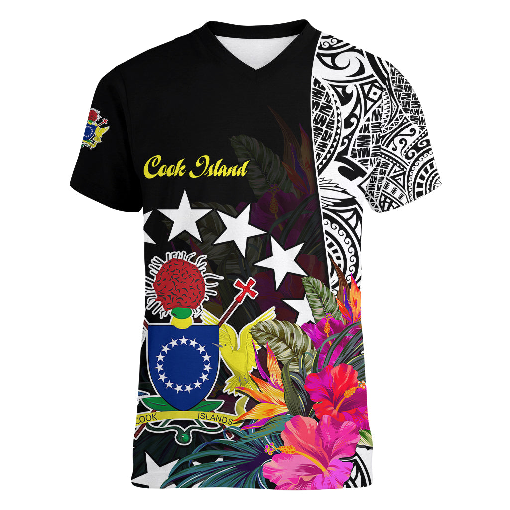 Cook Island Women V Neck T Shirt Tribal Polynesian and Tropical Flowers LT9 - Polynesian Pride