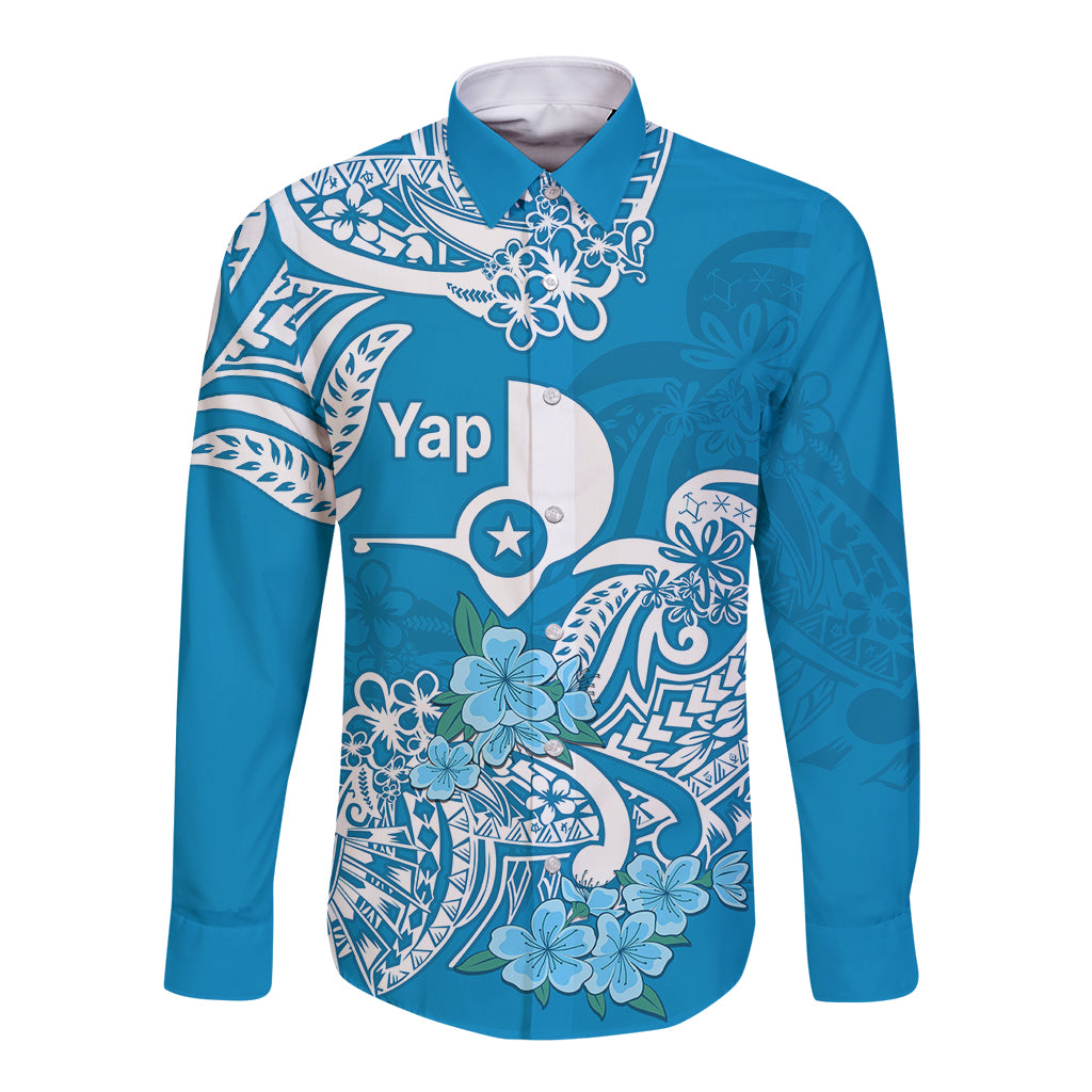 FSM Yap State Long Sleeve Button Shirt Polynesian Floral Tribal LT9 Unisex Blue - Polynesian Pride