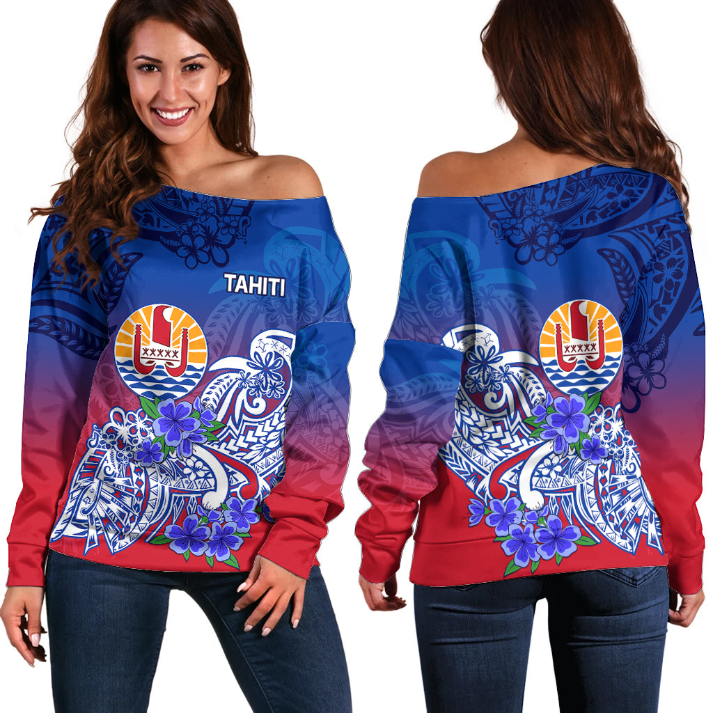 Tahiti Off Shoulder Sweater Polynesian Floral Tribal LT9 Women Blue - Polynesian Pride