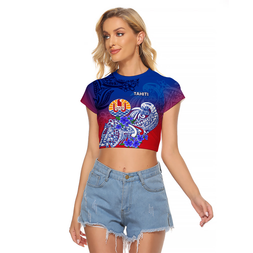 Tahiti Raglan Cropped T Shirt Polynesian Floral Tribal LT9 Female Blue - Polynesian Pride