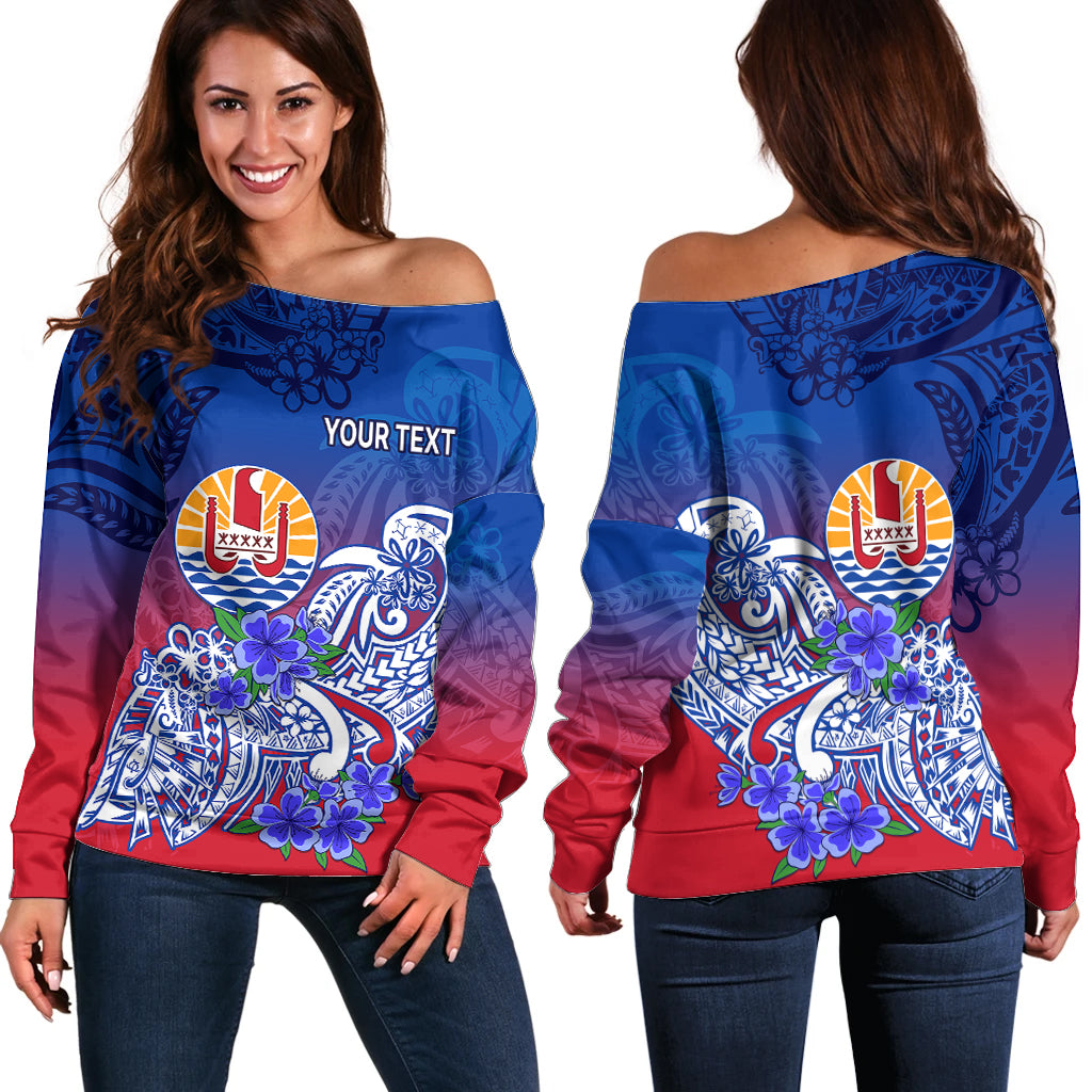 (Custom Personalised) Tahiti Off Shoulder Sweater Polynesian Floral Tribal LT9 Women Blue - Polynesian Pride
