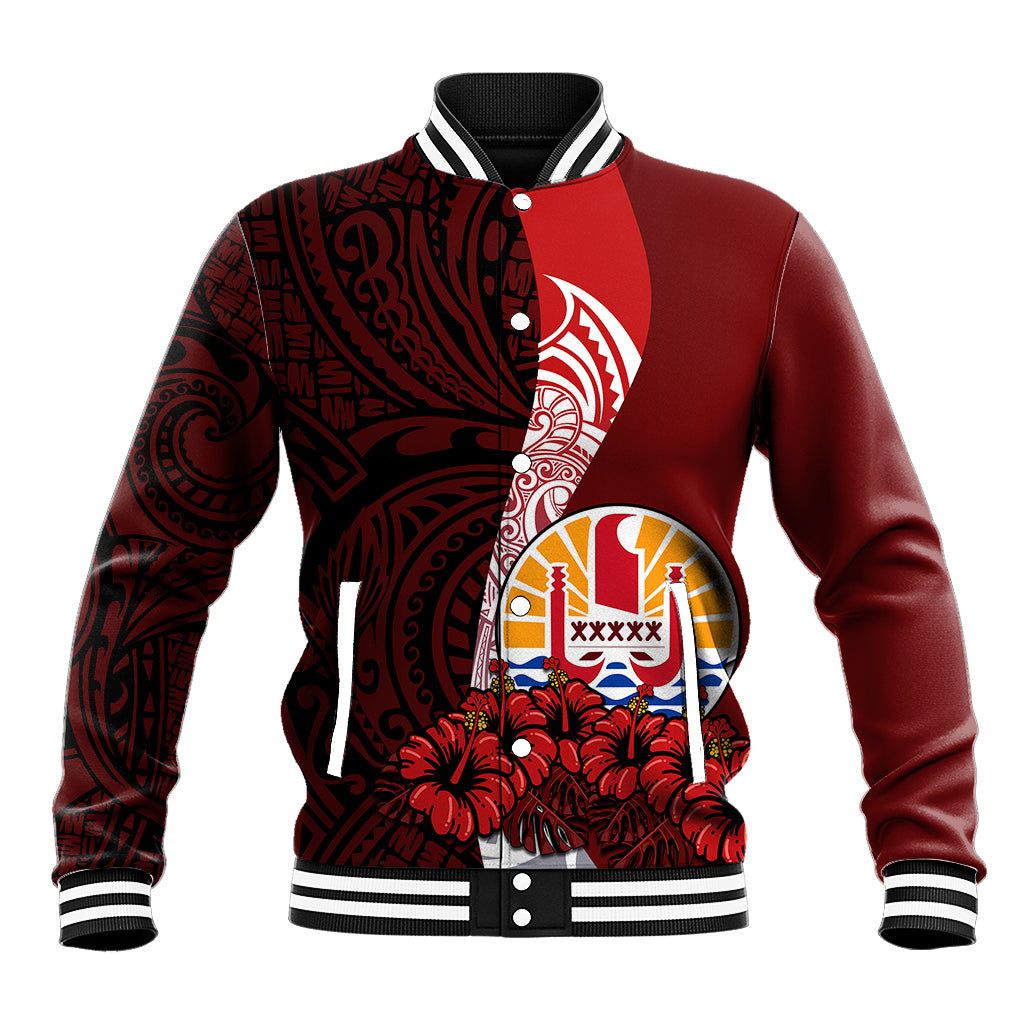 Tahiti Baseball Jacket Polynesian Coat Of Arm With Hibiscus LT9 Unisex Red - Polynesian Pride