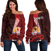 Tahiti Off Shoulder Sweater Polynesian Coat Of Arm With Hibiscus LT9 Women Red - Polynesian Pride