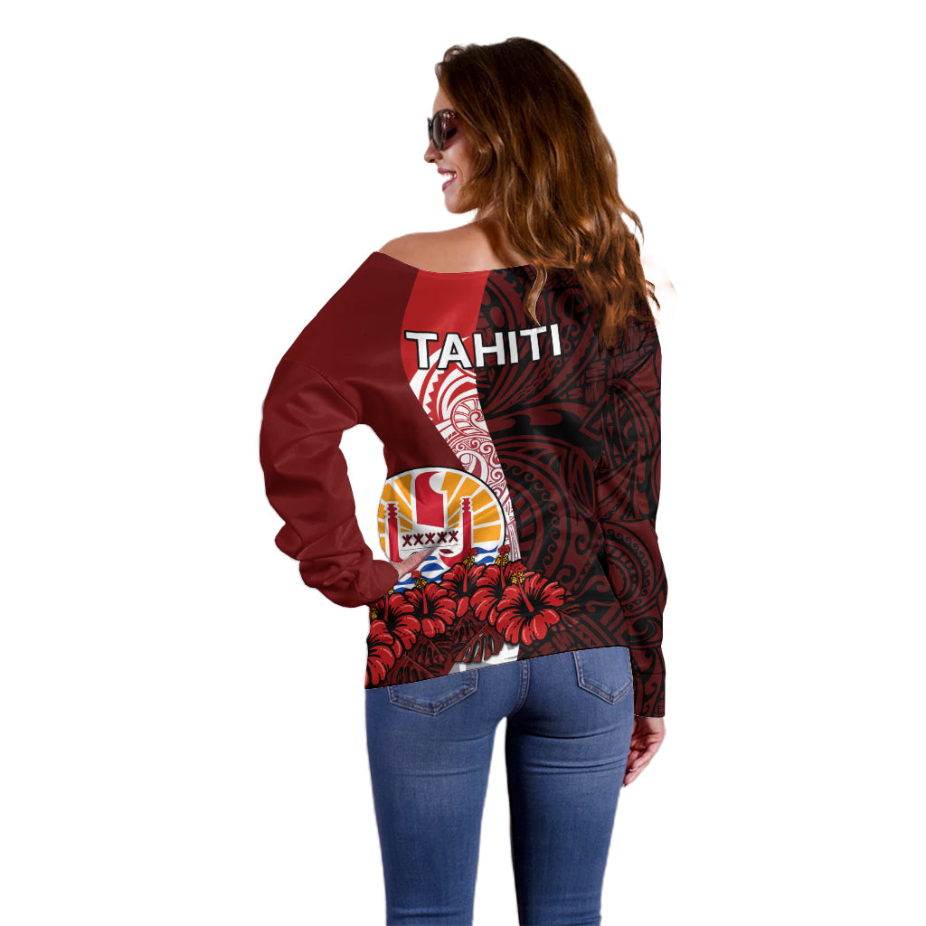 Tahiti Off Shoulder Sweater Polynesian Coat Of Arm With Hibiscus LT9 - Polynesian Pride