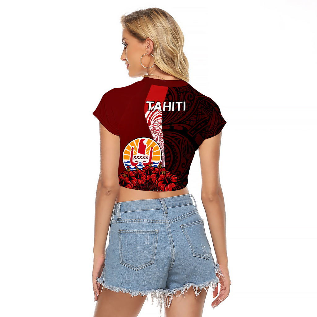 Tahiti Raglan Cropped T Shirt Polynesian Coat Of Arm With Hibiscus LT9 - Polynesian Pride