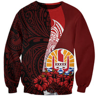 Tahiti Sweatshirt Polynesian Coat Of Arm With Hibiscus LT9 Unisex Red - Polynesian Pride