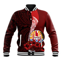 (Custom Personalised) Tahiti Baseball Jacket Polynesian Coat Of Arm With Hibiscus LT9 Unisex Red - Polynesian Pride