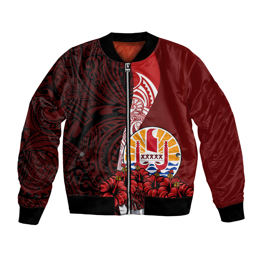 (Custom Personalised) Tahiti Bomber Jacket Polynesian Coat Of Arm With Hibiscus LT9 Unisex Red - Polynesian Pride