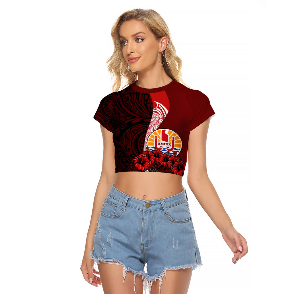 (Custom Personalised) Tahiti Raglan Cropped T Shirt Polynesian Coat Of Arm With Hibiscus LT9 Female Red - Polynesian Pride