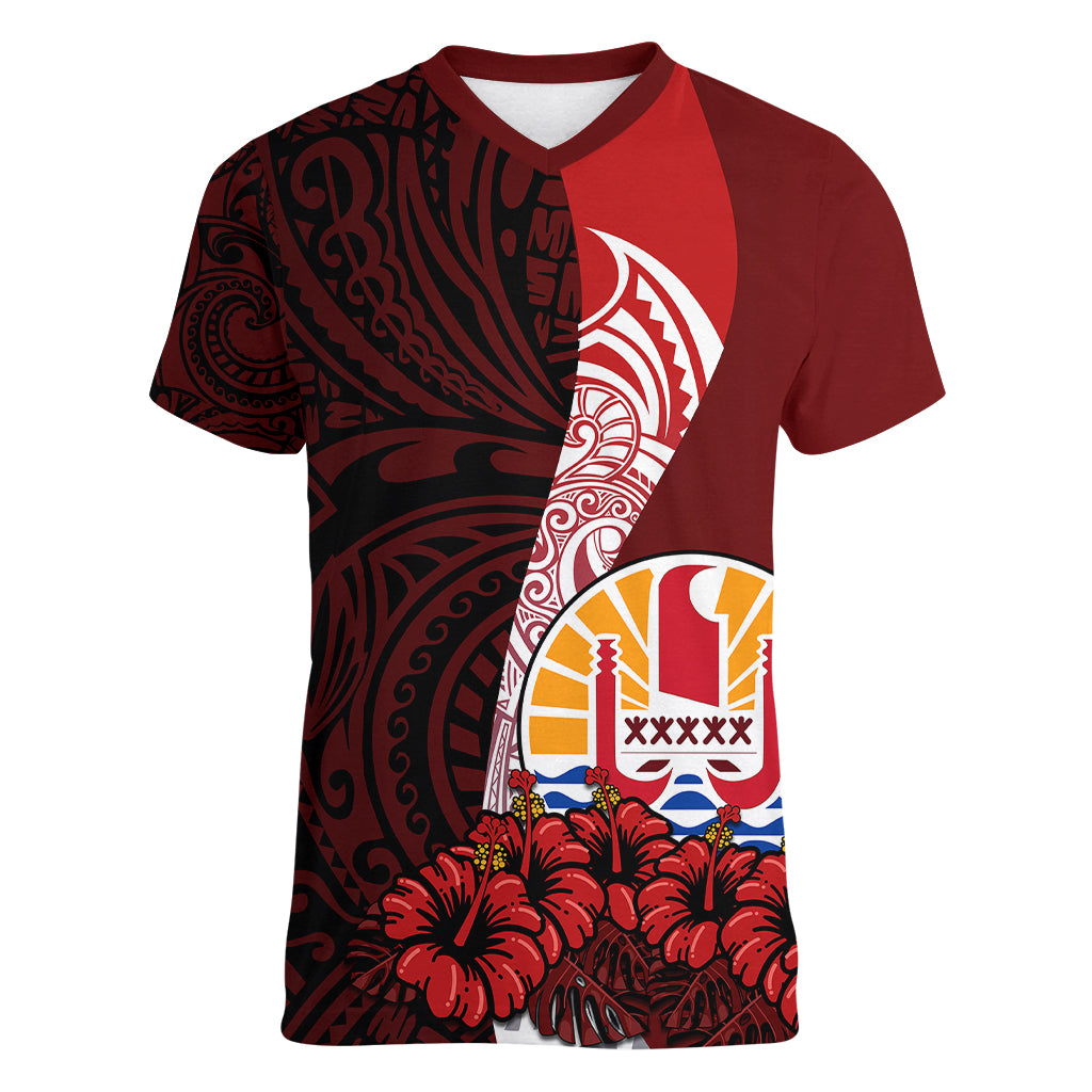 (Custom Personalised) Tahiti Women V Neck T Shirt Polynesian Coat Of Arm With Hibiscus LT9 - Polynesian Pride