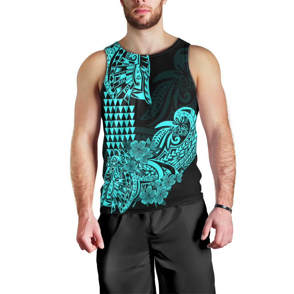 Hawaii Kakau Men Tank Top Polynesian Floral Tribal Aqua Version LT9 - Polynesian Pride