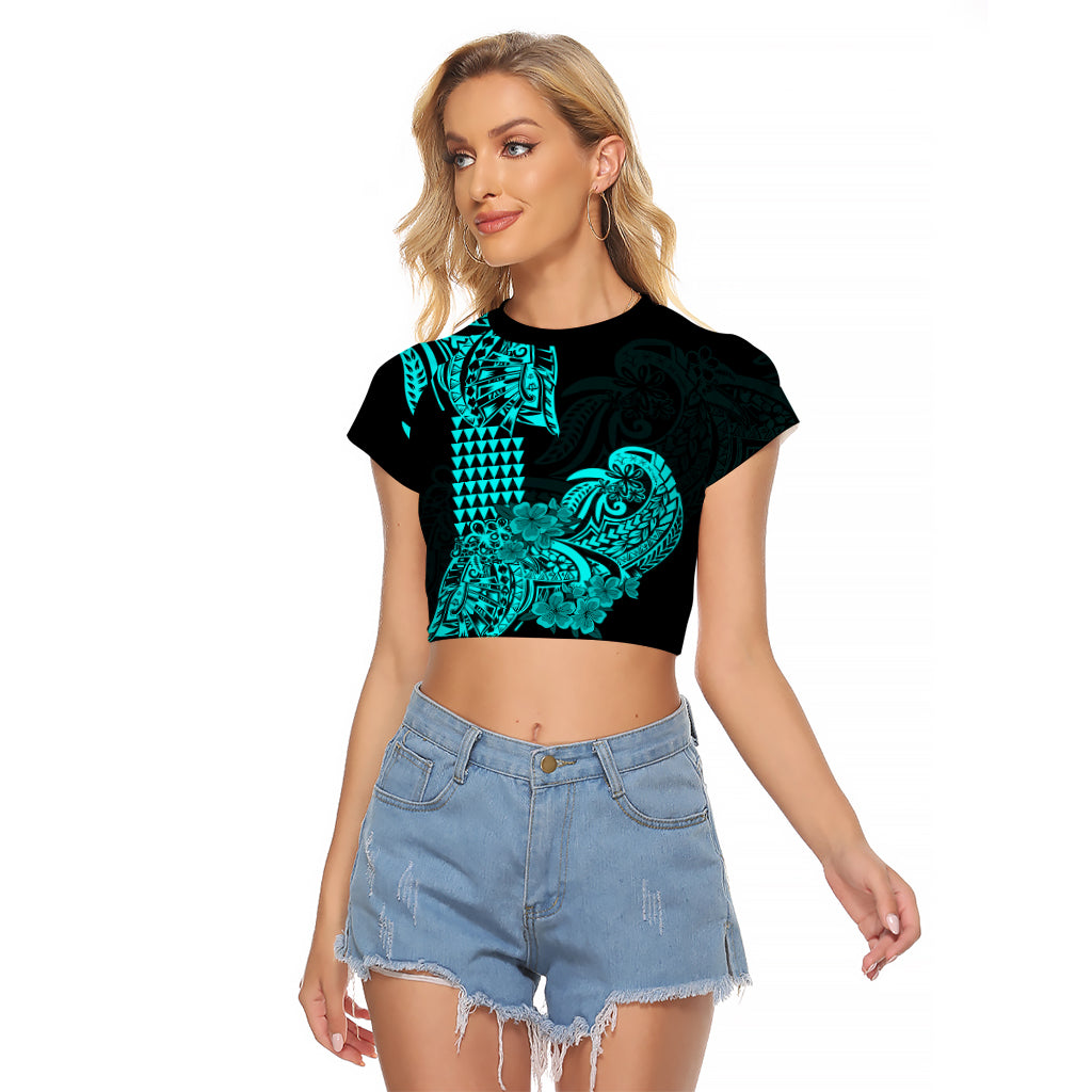 Hawaii Kakau Raglan Cropped T Shirt Polynesian Floral Tribal Aqua Version LT9 Female Aqua - Polynesian Pride