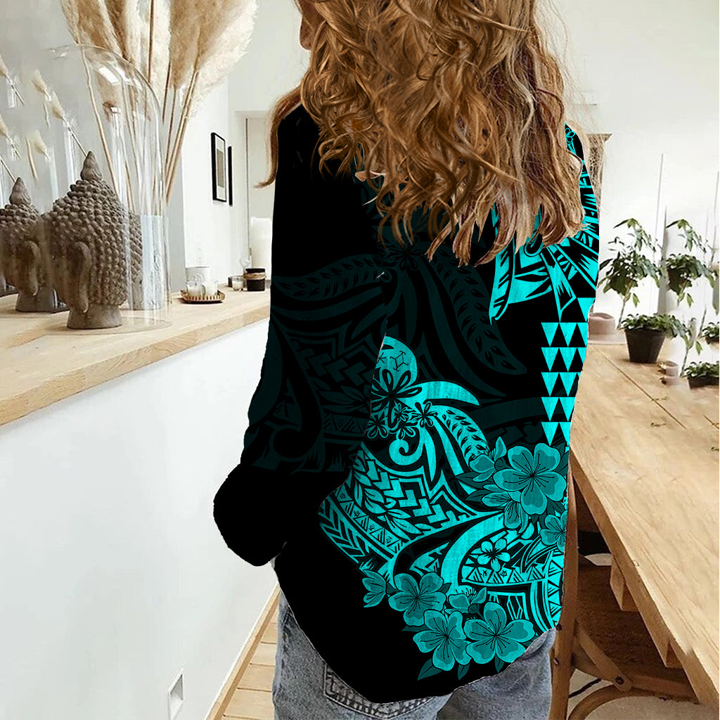 Hawaii Kakau Women Casual Shirt Polynesian Floral Tribal Aqua Version LT9 - Polynesian Pride