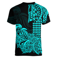Hawaii Kakau Women V Neck T Shirt Polynesian Floral Tribal Aqua Version LT9 - Polynesian Pride