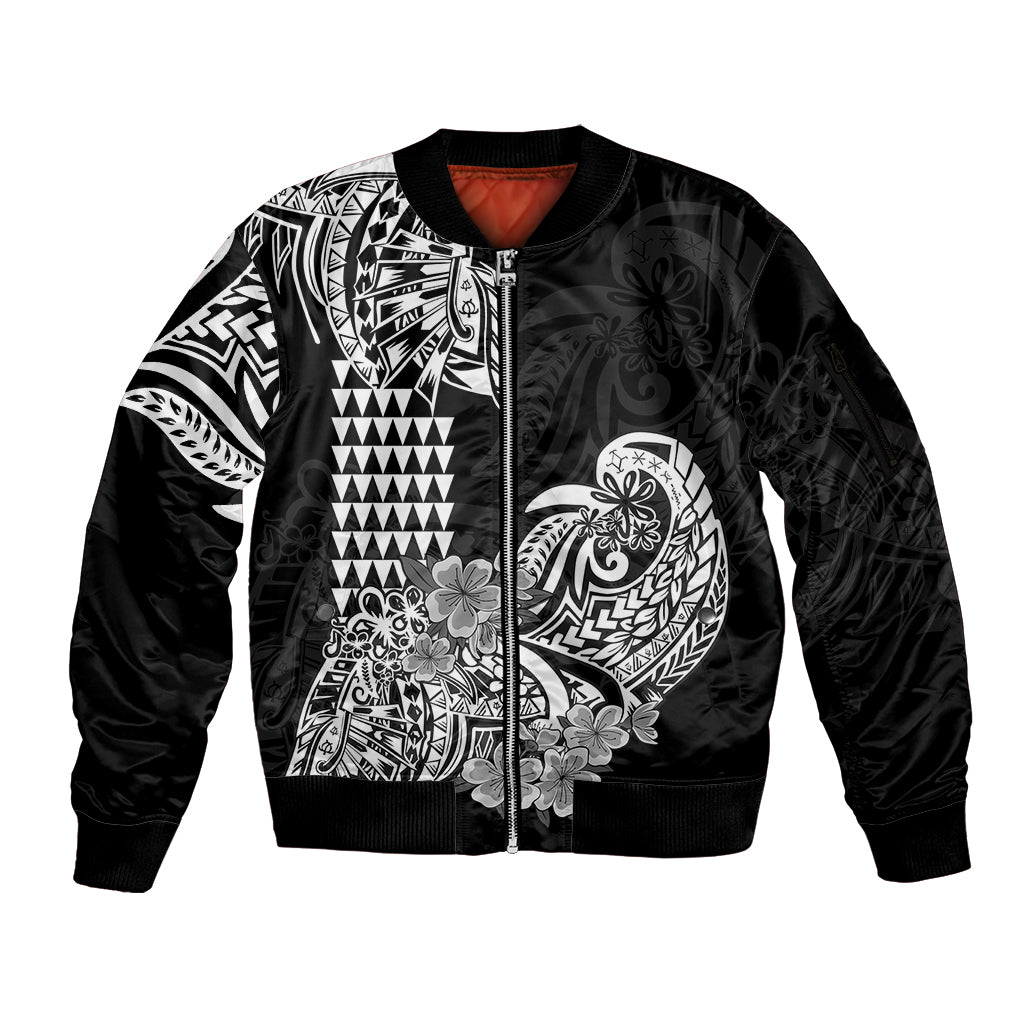 Hawaii Kakau Sleeve Zip Bomber Jacket Polynesian Floral Tribal Black Version LT9 Unisex Black - Polynesian Pride