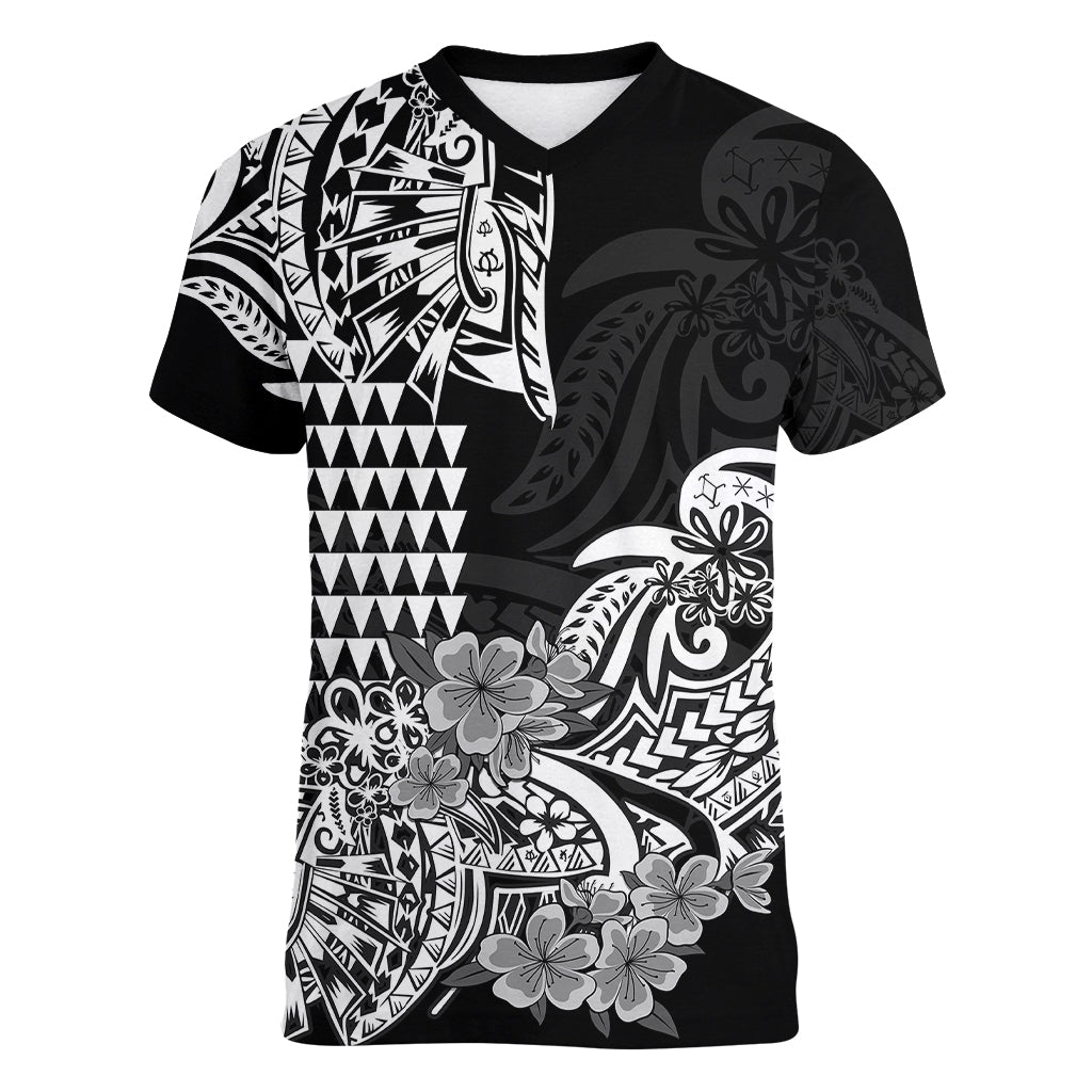 Hawaii Kakau Women V Neck T Shirt Polynesian Floral Tribal Black Version LT9 - Polynesian Pride