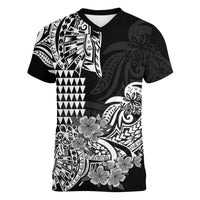 Hawaii Kakau Women V Neck T Shirt Polynesian Floral Tribal Black Version LT9 - Polynesian Pride