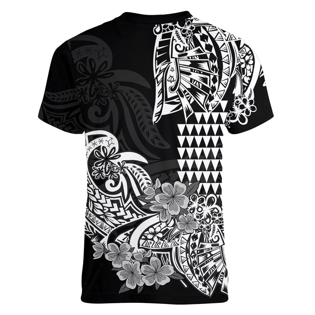 Hawaii Kakau Women V Neck T Shirt Polynesian Floral Tribal Black Version LT9 - Polynesian Pride