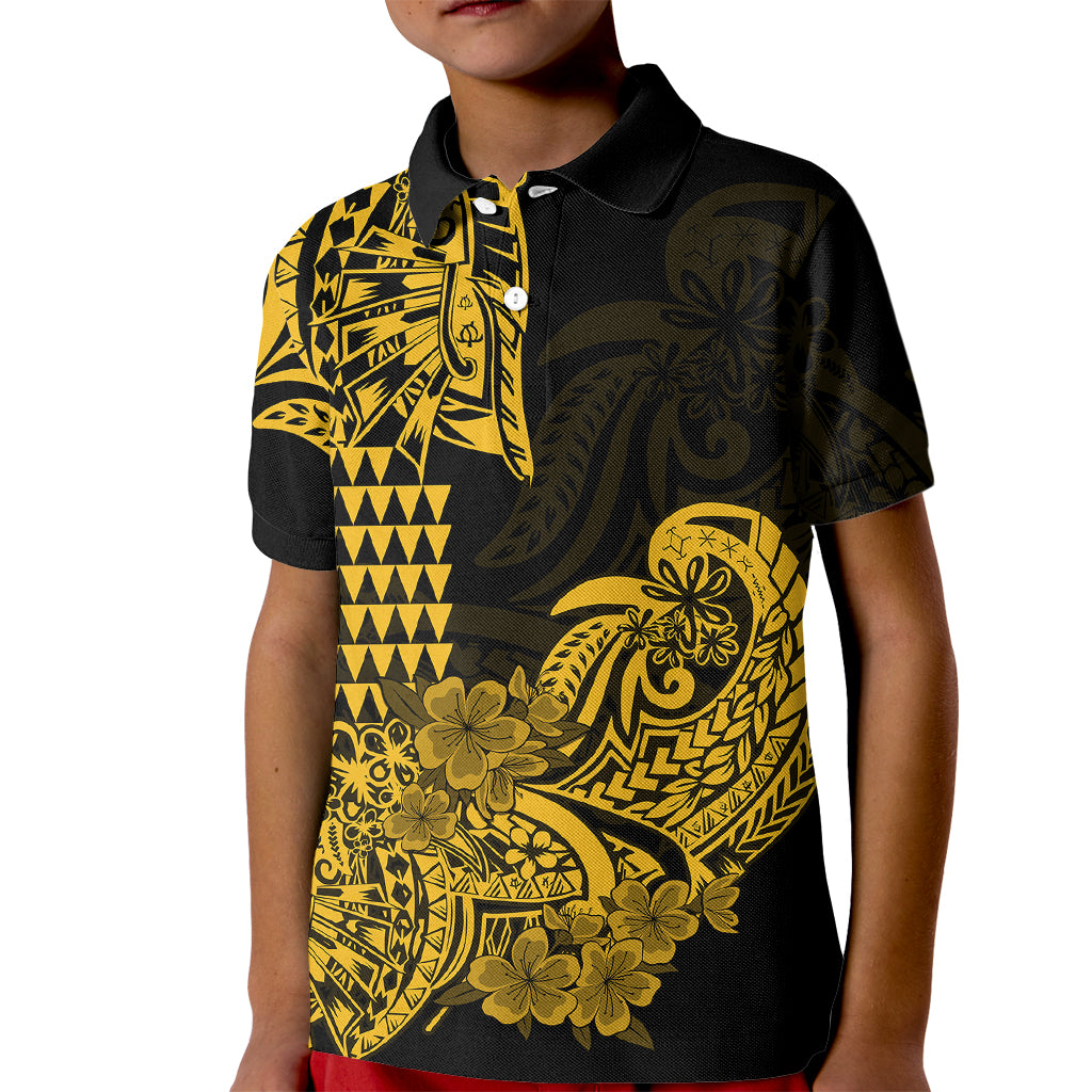 Hawaii Kakau Kid Polo Shirt Polynesian Floral Tribal Gold Version LT9 Kid Gold - Polynesian Pride